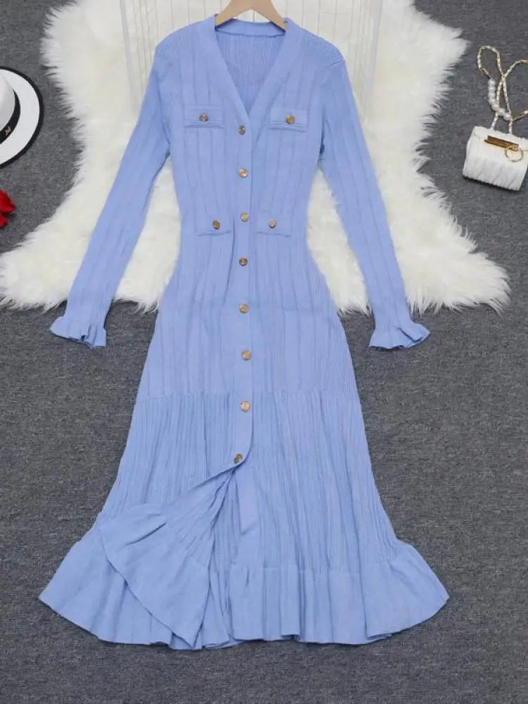 Korean 2024 New Spring Autumn Solid Temperament V-neck Knitted Dresses Women's Elegant Long Sleeve Office Buttons Ruffles Dress