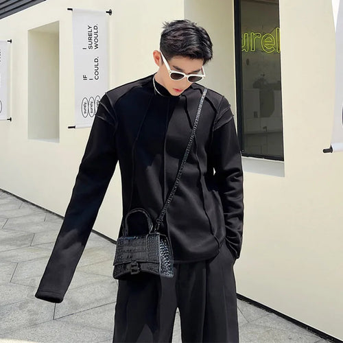 Load image into Gallery viewer, Korean Style Long Sleeve T-shirt Trend Men&#39;s Handsome Pullover Niche Design Silhouette Lines Fashion Solid Color Tee 9C1461
