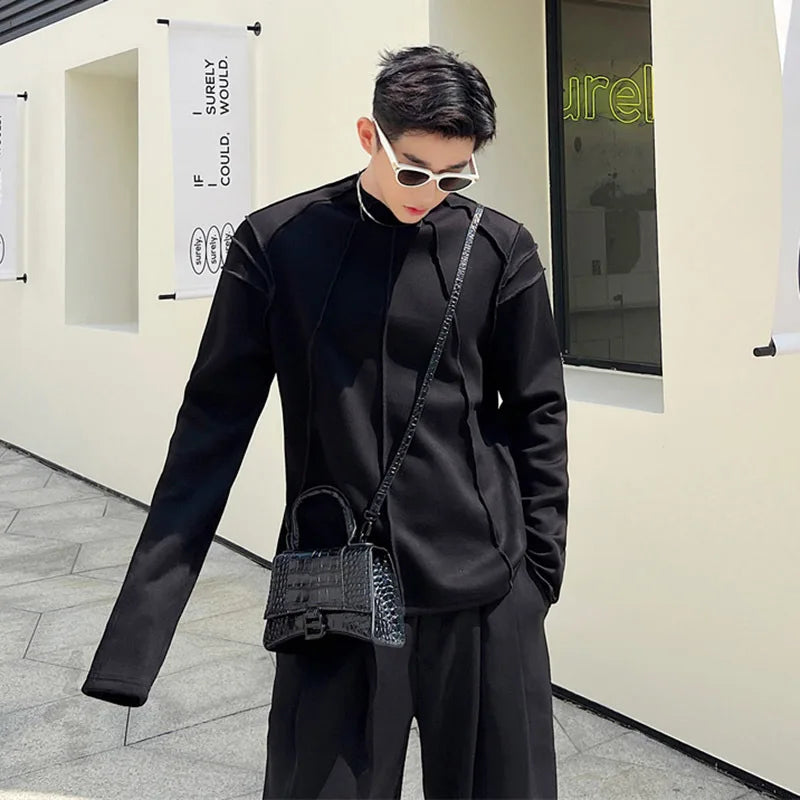 Korean Style Long Sleeve T-shirt Trend Men's Handsome Pullover Niche Design Silhouette Lines Fashion Solid Color Tee 9C1461