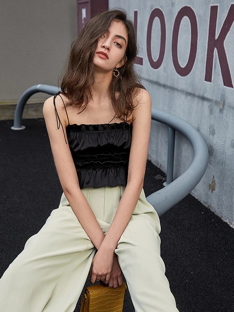 Minimalist Tank Tops For Women Square Collar Sleeveless Patchwork Folds Tunic Slim Vest Female Fashion Summer