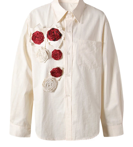 Women Beige Three-dimensional Flower Big Size Blouse New Lapel Long Sleeve Shirt Fashion Tide Spring Autumn 2025 CPG2865