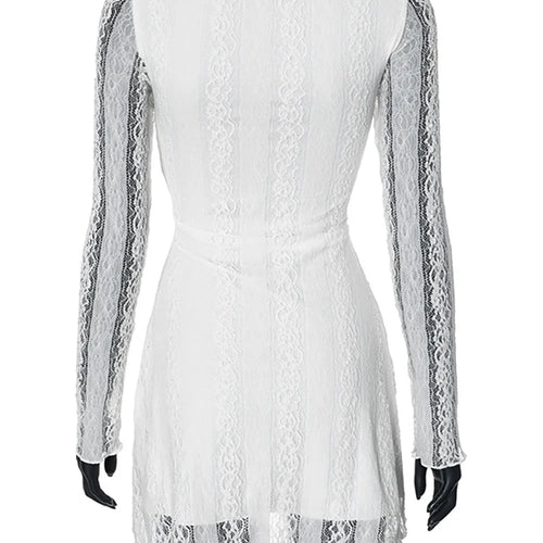Load image into Gallery viewer, Sexy See Through Double Layer Lace Women Dress White Long Sleeve Round Neck Dress Autumn Slim Elegant Holiday Streetwear
