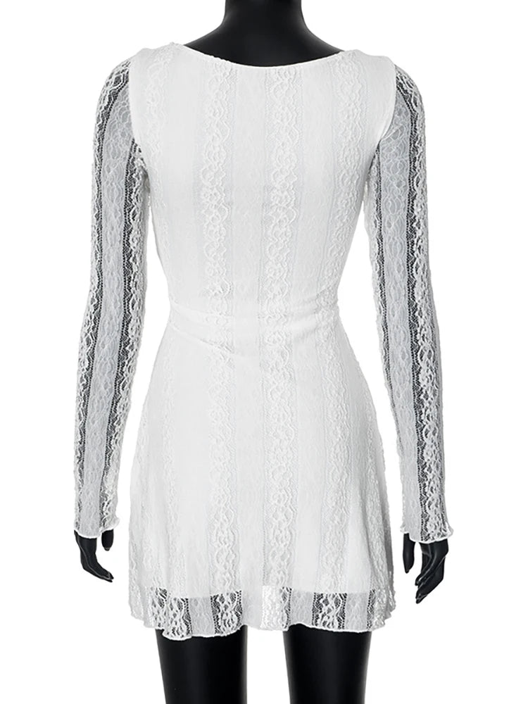 Sexy See Through Double Layer Lace Women Dress White Long Sleeve Round Neck Dress Autumn Slim Elegant Holiday Streetwear