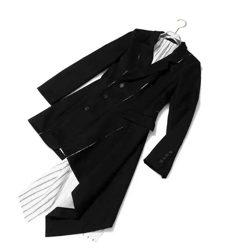 Women Black White Striped Spliced Irregular Dress New Round Neck Full Sleeve Loose Fit Fashion Spring Autumn 2025 1A320