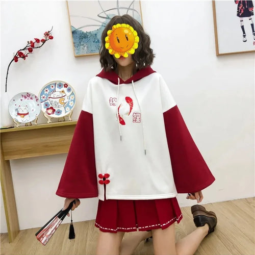 Load image into Gallery viewer, Fleece Women&#39;s Hooded Sweatshirt Cartoon Embroidery Hoodies Flare Sleeve Pullover Tracksuits Winter Clothes For Sweet Girl
