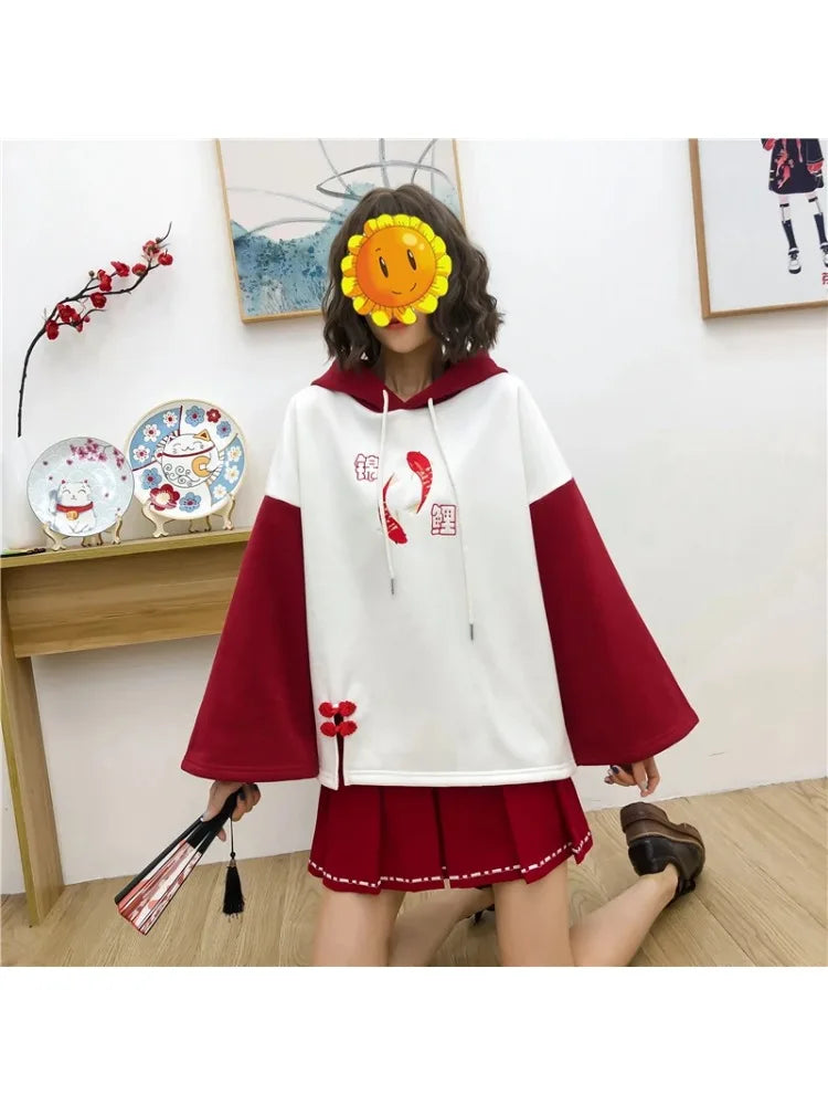 Fleece Women's Hooded Sweatshirt Cartoon Embroidery Hoodies Flare Sleeve Pullover Tracksuits Winter Clothes For Sweet Girl