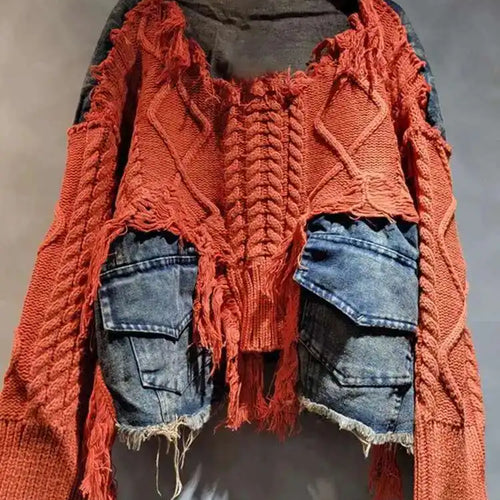 Load image into Gallery viewer, Orange Denim Big Size Knitting Sweater Round Neck Long Sleeve Women Pullovers New Fashion Tide Spring Autumn 2025 16U1329
