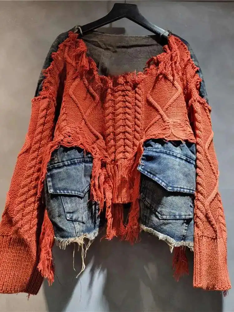 Orange Denim Big Size Knitting Sweater Round Neck Long Sleeve Women Pullovers New Fashion Tide Spring Autumn 2025 16U1329