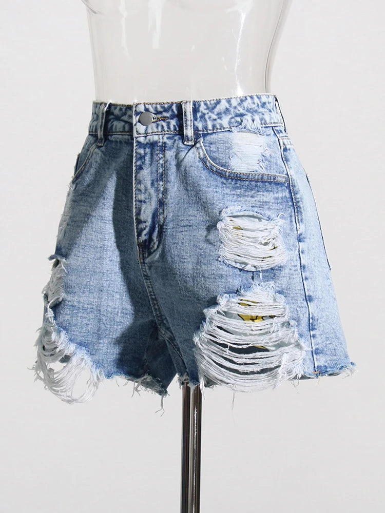 Hollow Out Shorts For Women High Waist Patchwork More Than A Pocket Denim Short Pants Female Fashion Style Clothing