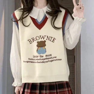 Load image into Gallery viewer, Cartoon Embroidery Sweater Vest Women Kawaii Waistcoat Streetwear Knitted Fashion College All-match Harajuku Y2k Vests Chandails
