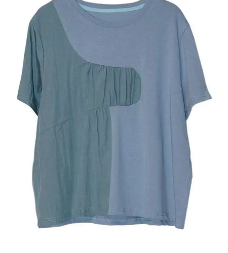 Women White Pleated Spliced Big Size Casual T-shirt New Round Neck Short Sleeve Fashion Tide Spring Summer 2025 1DJ0615