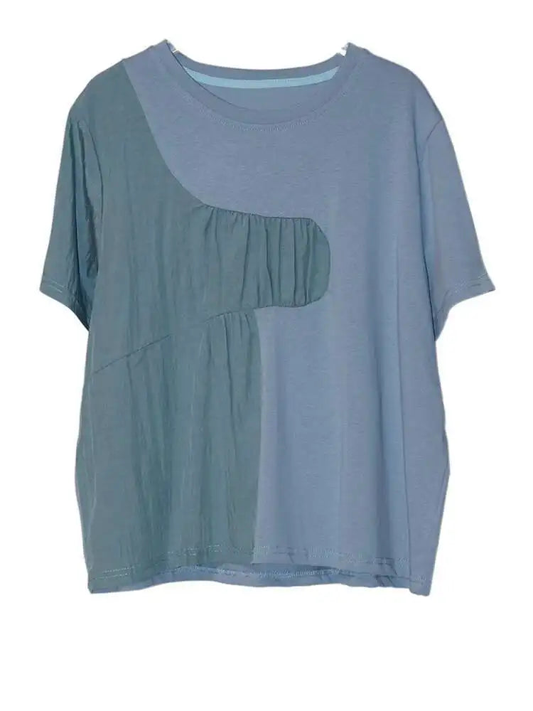 Women White Pleated Spliced Big Size Casual T-shirt New Round Neck Short Sleeve Fashion Tide Spring Summer 2025 1DJ0615