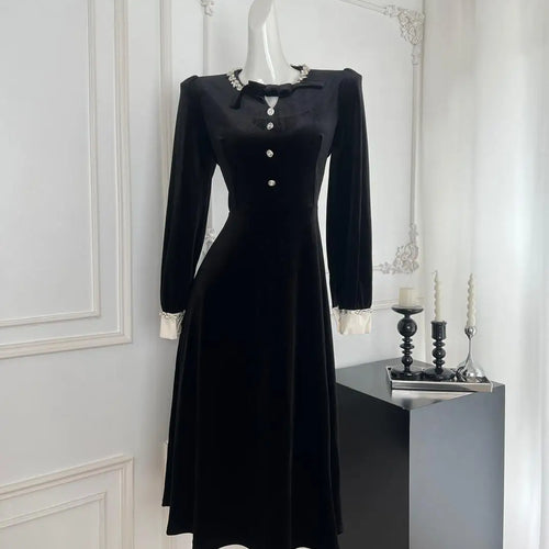 Load image into Gallery viewer, Fashion Women New Black Velvet Diamond Bow Long Sleeve Festival Pleated Dress Vintage Elegant Birthday Party Dress Autumn Winter
