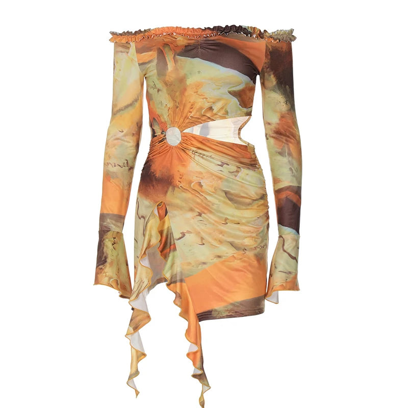 Hollow Out Print Sexy Mini Dress For Women Autumn New Off-shoulder Long Sleeve Bodycon Ruffled Slit Sexy Dress New