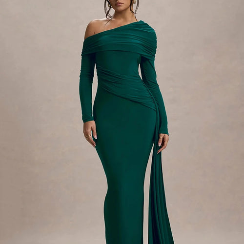 Load image into Gallery viewer, Skew Collar Long Sleeve Sexy Maxi Dress For Women Gown Fashion Backless Draped Ruched Bodycon Club Long Dress Elegant
