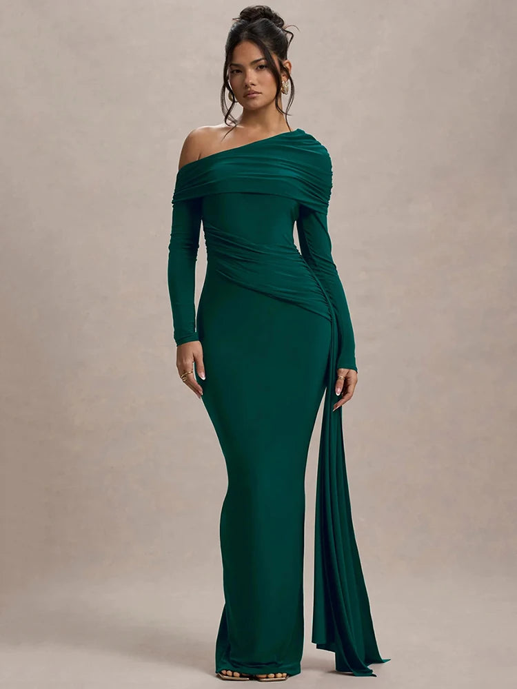 Skew Collar Long Sleeve Sexy Maxi Dress For Women Gown Fashion Backless Draped Ruched Bodycon Club Long Dress Elegant