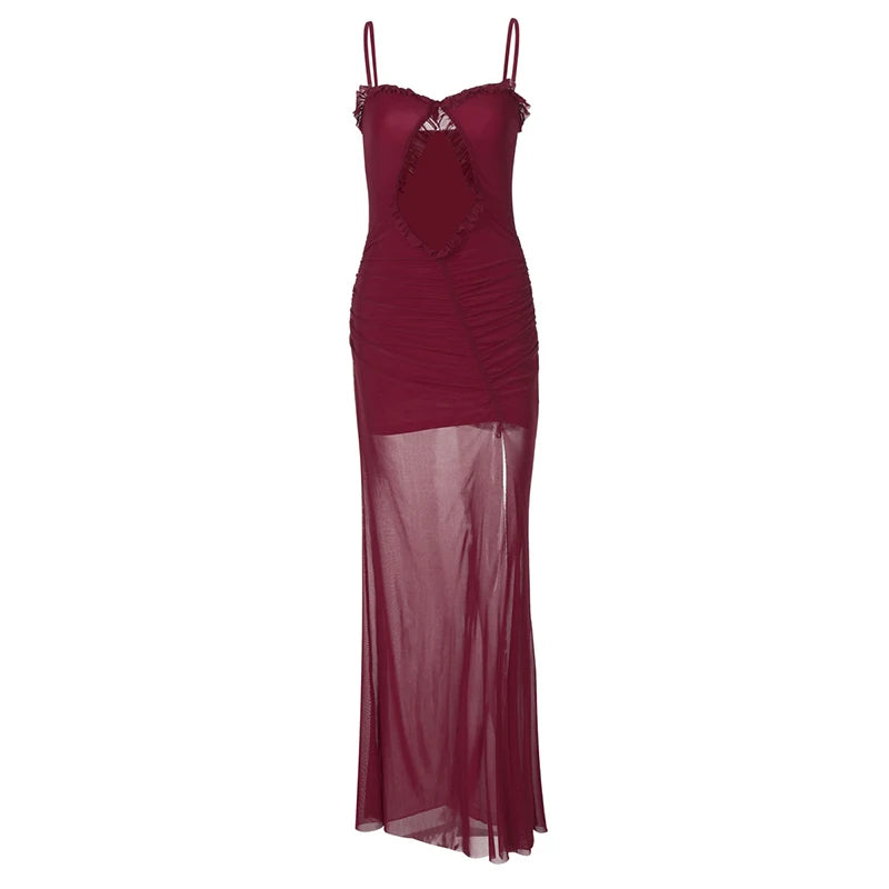 Hollow Out Backless Sexy Maxi Dress For Women Mesh Patchwork Spaghetti Strap Sleeveless Bodycon Sexy Long Dress