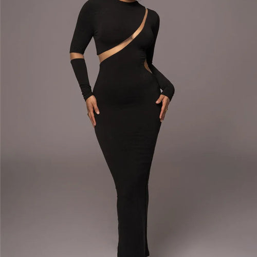 Load image into Gallery viewer, Turtleneck Long Sleeve Bodycon Maxi Dress For Women Autumn New Patchwork Hollow Out Club Party Sexy Long Dress Vestidos
