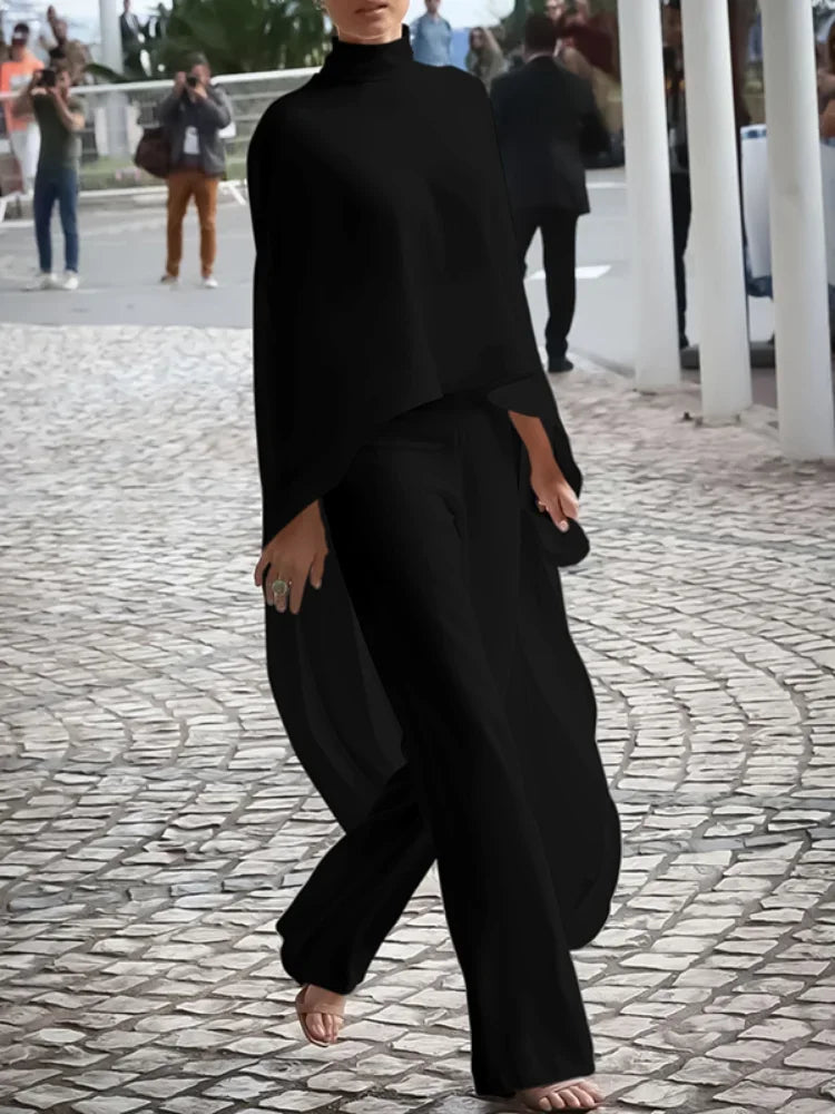 Women's White Two Pieces Set 2024 Autumn High-Neck High-Low Loose Tops & Wide Leg Pants Suits Streewear Black