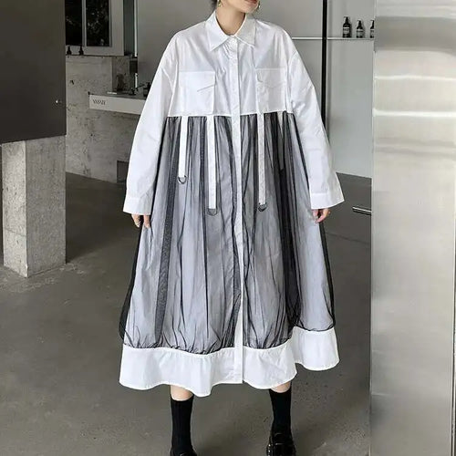 Load image into Gallery viewer, Women White Mesh Ribbons Pocket Big Size Midi Shirt Dress New Lapel Long Sleeve Fashion Tide Spring Autumn 2025 1DH8647
