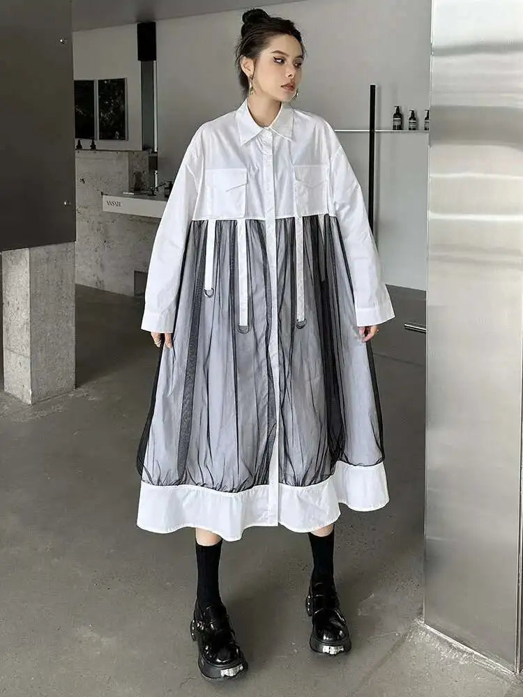 Women White Mesh Ribbons Pocket Big Size Midi Shirt Dress New Lapel Long Sleeve Fashion Tide Spring Autumn 2025 1DH8647