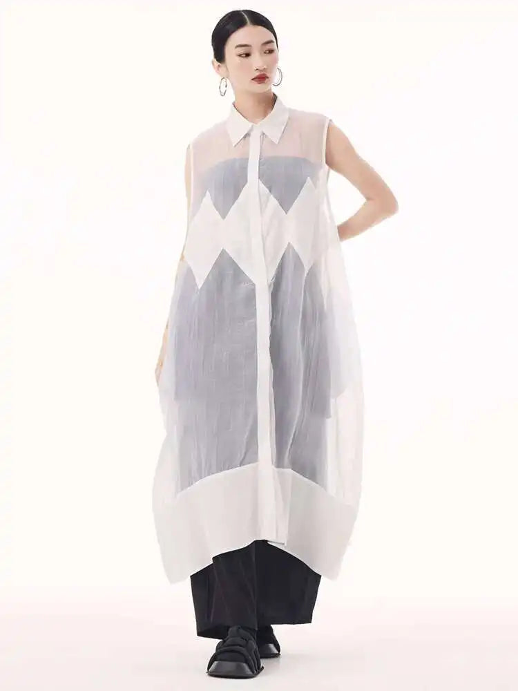 Women Black Mesh Perspective Big Size Long Shirt Dress New Lapel Sleeveless Fashion Tide Spring Summer 2025 1DH9517