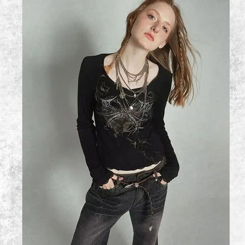 Load image into Gallery viewer, Cotton T Shirts Women's Clothing Print V-neck Long Sleeve Tunic Tees Y2k Tops 2024 Ropa Mujer Fashion Casual Vintage T-shirt
