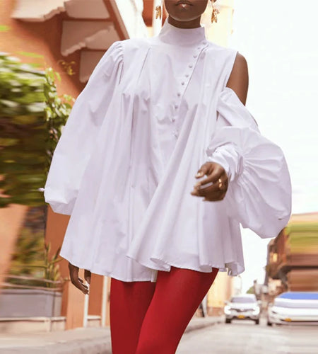 Cotton Women Tops and Blouses Summer Fall High Neck Casual OverSize Puff Sleeves Buttoned Streetwear Shirts Female