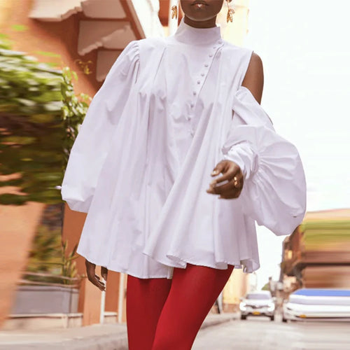 Load image into Gallery viewer, Cotton Women Tops and Blouses Summer Fall High Neck Casual OverSize Puff Sleeves Buttoned Streetwear Shirts Female
