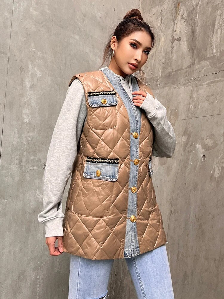 Casual Thick Vest For Women V Neck Sleeveless Solid Minimalist Single Breasted Jackets Female Winter Clothing