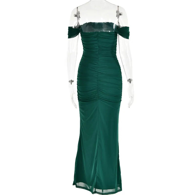 Elegant Off-shoulder Bodycon Maxi Dress Women Two Layer Mesh Fashion Strapless Backless Night Club Party Sexy Dress