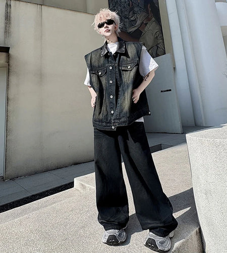 Men's Pants Set New Summer Split Leather Rivet Decoration Single Breasted Multi Pockets Male Causal Straight Jeans 9W1791