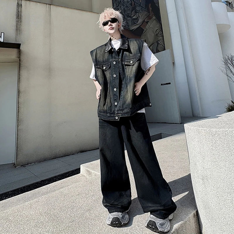 Men's Pants Set New Summer Split Leather Rivet Decoration Single Breasted Multi Pockets Male Causal Straight Jeans 9W1791