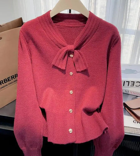 Autumn Winter Solid Elegant V Neck Bow Single Breasted Short Sweater Women's French 2024 New Long Sleeved Slim Knitted Tops Chic