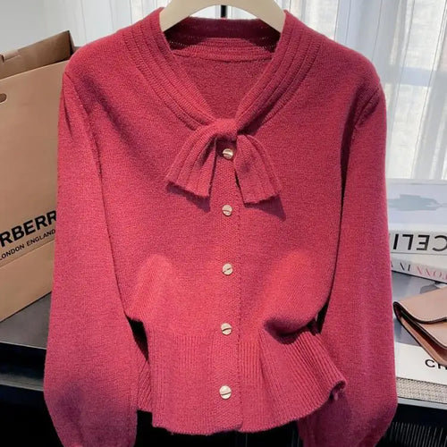 Load image into Gallery viewer, Autumn Winter Solid Elegant V Neck Bow Single Breasted Short Sweater Women's French 2024 New Long Sleeved Slim Knitted Tops Chic
