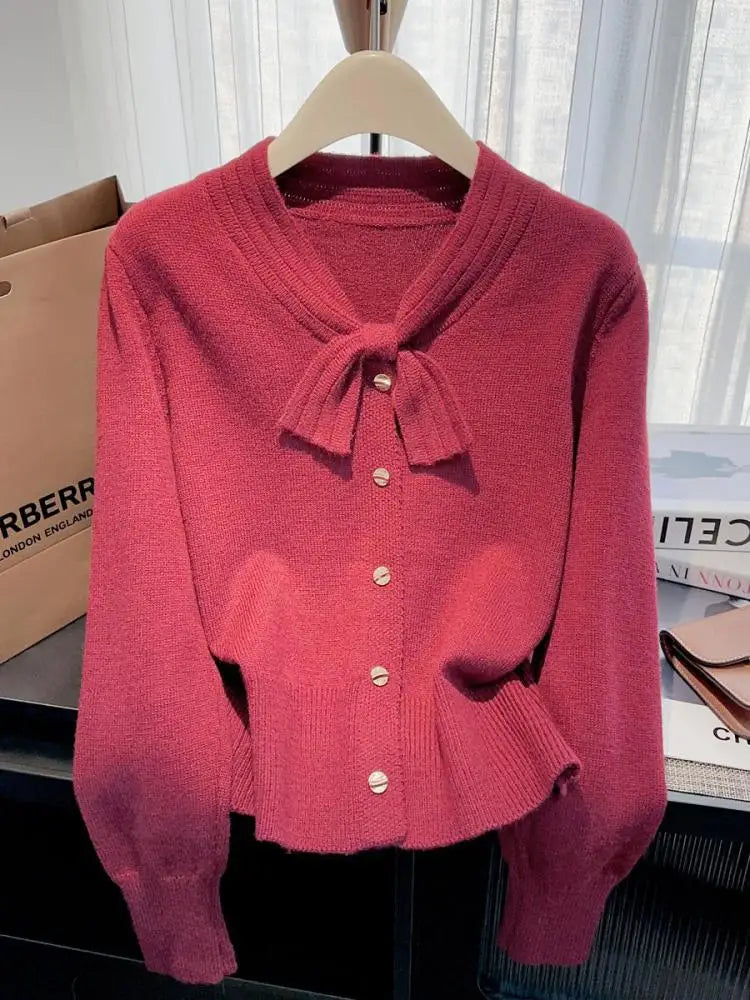 Autumn Winter Solid Elegant V Neck Bow Single Breasted Short Sweater Women's French 2024 New Long Sleeved Slim Knitted Tops Chic