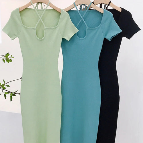 Load image into Gallery viewer, Summer New Street Style Solid Color All-Match Halter Neck Short-Sleeved Dresses Women Elastic Tight Bodycon Maxi Dresses C-001
