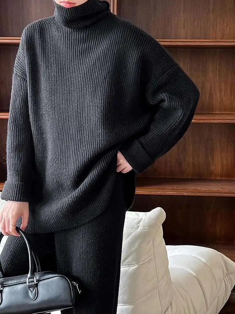 Red Big Size Sweater Wide Leg Pants Two Piece Suit New Turtleneck Long Sleeve Women Fashion Spring Autumn 2025 1DH8626