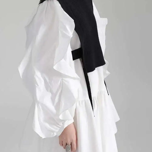 Load image into Gallery viewer, Women Black Knitting Color-block Ruffles Elegant Dress New Round Neck Long Sleeve Fashion Tide Spring Autumn 2025 1DH6758
