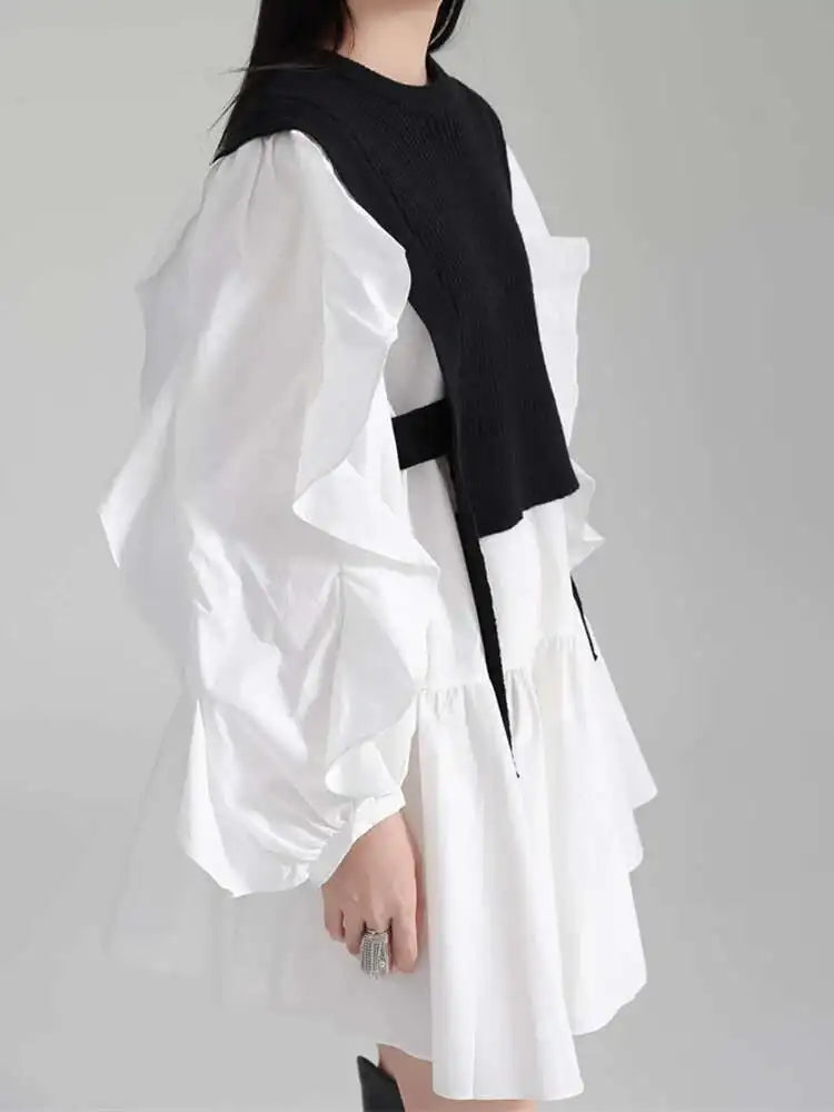 Women Black Knitting Color-block Ruffles Elegant Dress New Round Neck Long Sleeve Fashion Tide Spring Autumn 2025 1DH6758