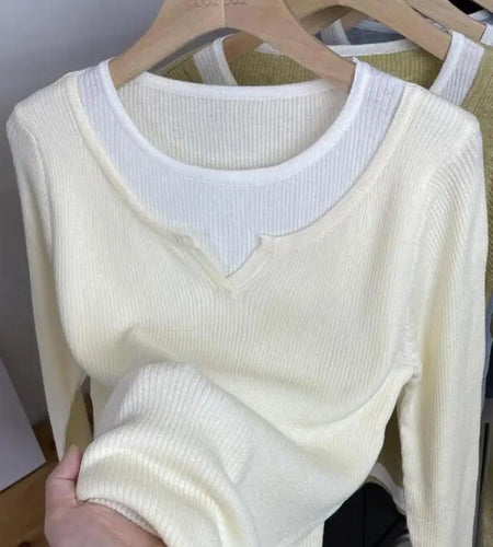 Autumn Winter Women's Patchwork Long Sleeved Pullover Sweater French Casual Round Neck Holiday Knitwear Tops 2024 New Streetwear