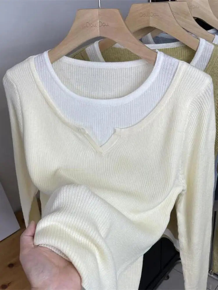 Autumn Winter Women's Patchwork Long Sleeved Pullover Sweater French Casual Round Neck Holiday Knitwear Tops 2024 New Streetwear