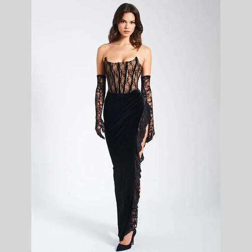 Load image into Gallery viewer, Elegant Lace Strapless Maxi Dress For Women Fashion Black Sleeveless Backless Bodycon Club Party Sexy Long Dress
