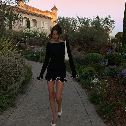 Load image into Gallery viewer, Long Sleeve Knit Mini Dress For Women Pullovers Sweater Dress Autumn Winter New Contrast Color O Neck Ruffled Dress
