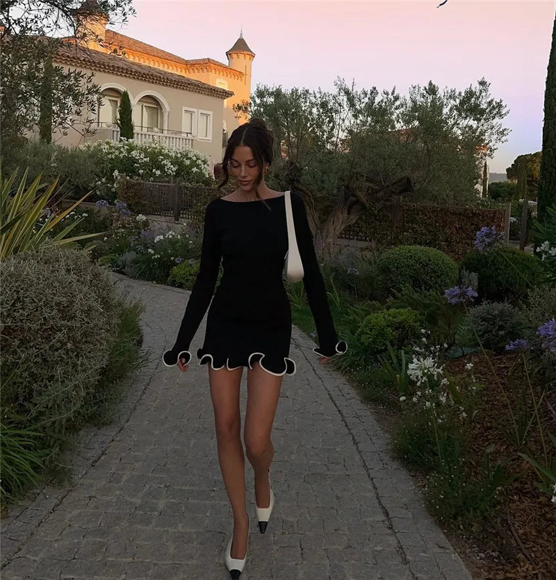 Long Sleeve Knit Mini Dress For Women Pullovers Sweater Dress Autumn Winter New Contrast Color O Neck Ruffled Dress