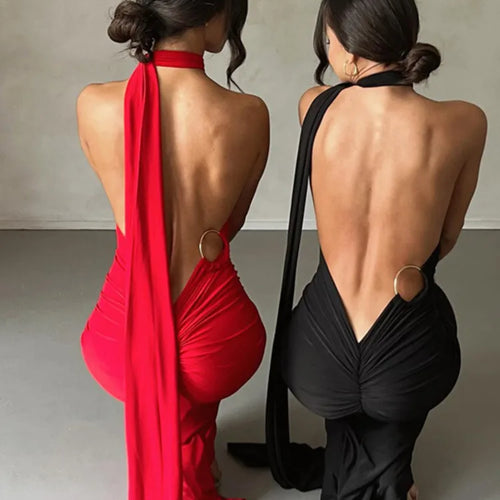 Load image into Gallery viewer, Sexy Backless Hanging Neck Bodycon Evening Dress For Women Strapless Max Female Dress Charming Club Party Prom Dress
