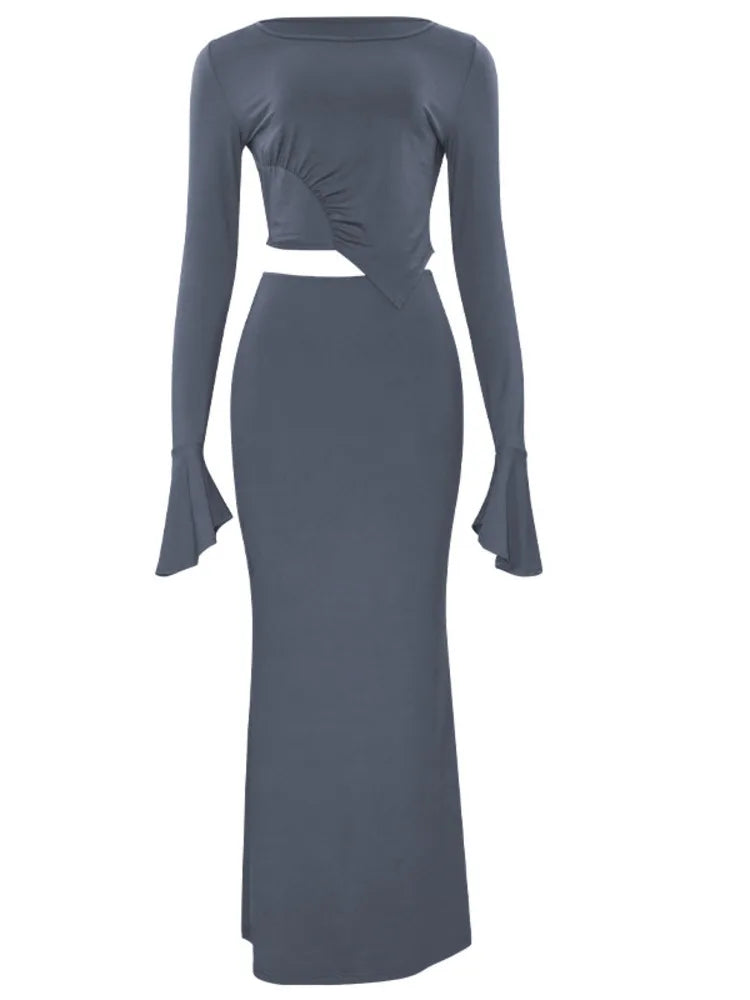 Elegant Long Sleeved Elastic Tight Top Half Skirt Women's Set Sexy Party Club Evening Dress Two-piece Set Spring 2025