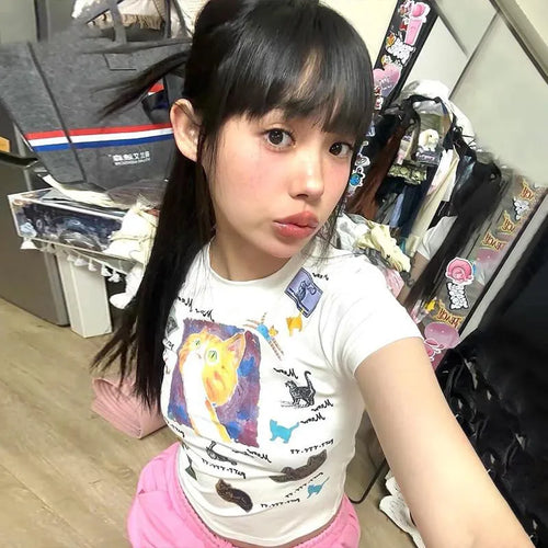 Load image into Gallery viewer, Japanese Y2k Cat Print T-shirt Trashy 2000s Style Crop Top Vintage Harajuku Short Sleeve Tee Shirt American Retro 90s
