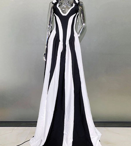 Hit Color Slimming Dresses For Women V Neck Sleeveless High Waist Temperament Long Dress Female Fashion Style New