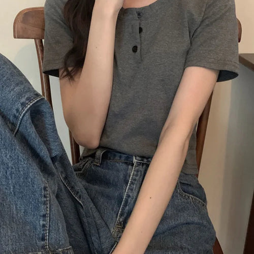 Load image into Gallery viewer, women t-shirt open button short Sleeve Crop Top Ladies Clothing 2024 Solid Basic T Shirt Casual Skinny White Slim Female Tops
